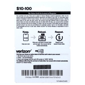 Verizon Prepaid Plan Reloadable Refill Card 10 100 Family Dollar