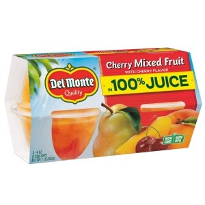 Del Monte Cherry Mixed Fruit in 100% Juice Fruit Cup Snacks, 4 ct ...