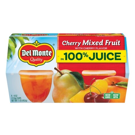 Del Monte Cherry Mixed Fruit in 100% Juice Fruit Cup Snacks, 4 ct.