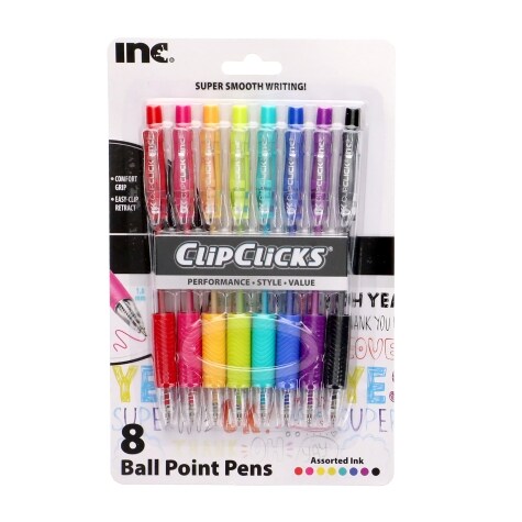 Inc ClipClicks Colorful Ball Point Pens, 8 pc Pack.