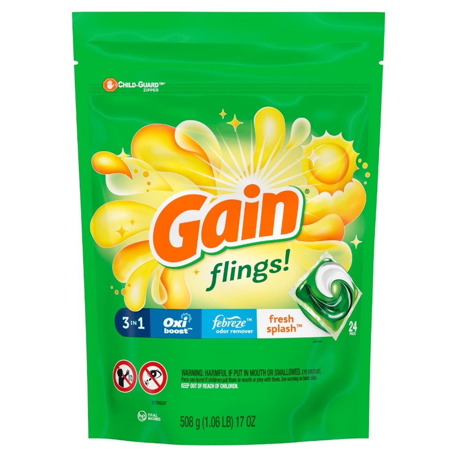 Gain flings! Laundry Detergent Pacs with Odor Defense, 24 Ct, Fresh Splash HE 3in1 Detergent Pacs with Febreze and Oxi