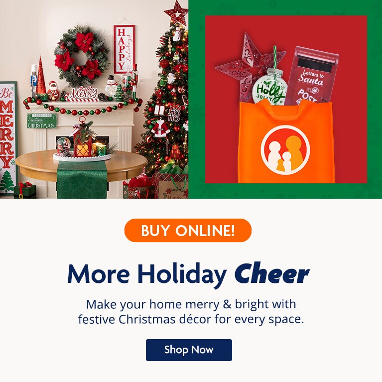 A room decorated for Christmas next to a Family Dollar shopping bag